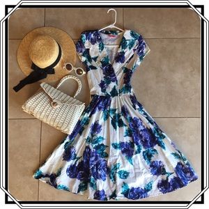 Pinup Girl Clothing Floral Blue Birdie Dress / XS